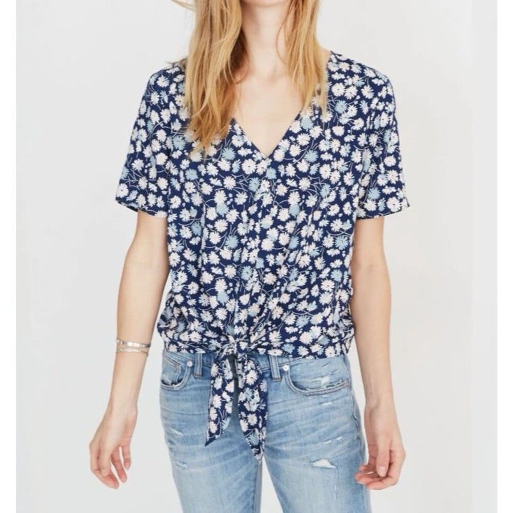 Madewell tie front top French floral blue white size small